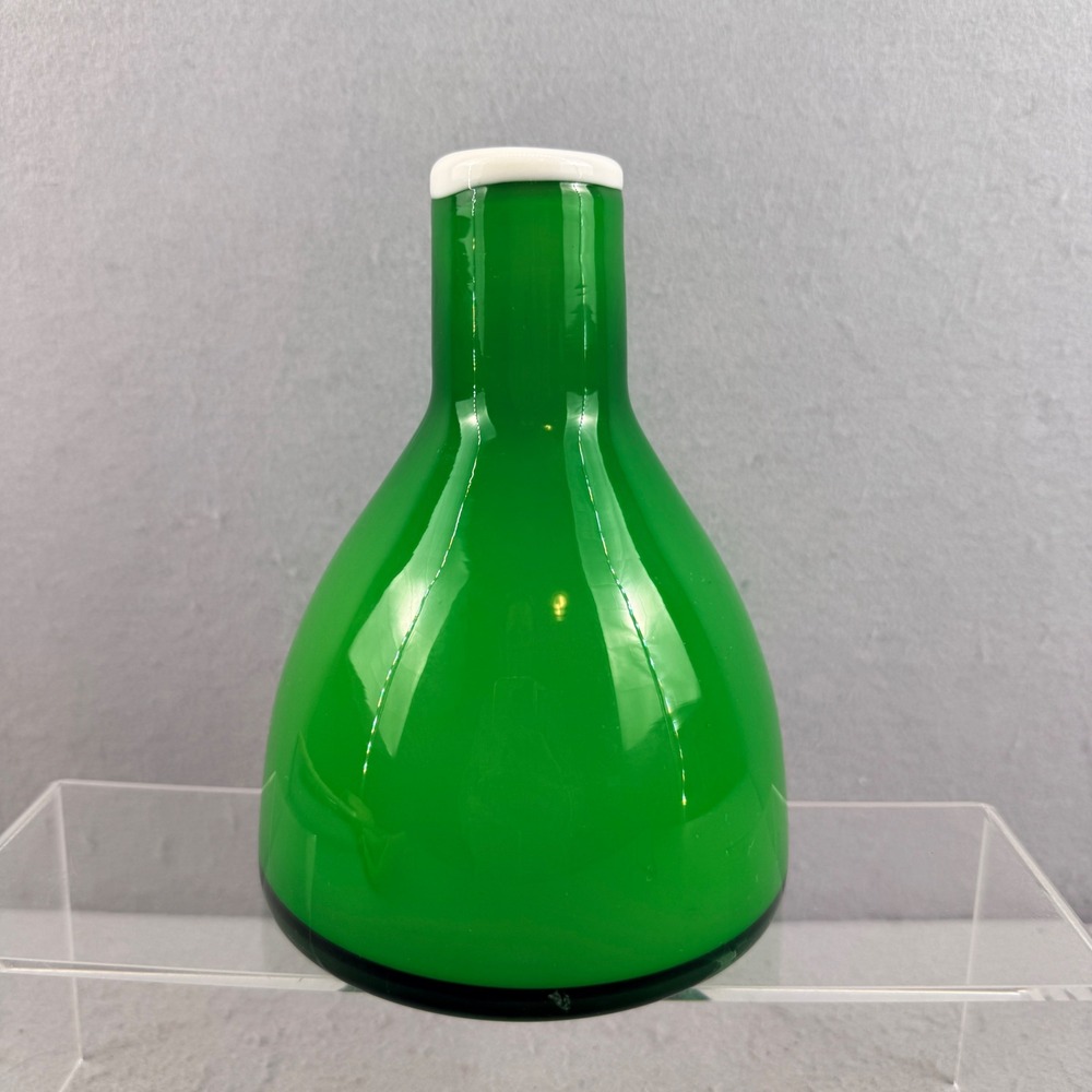 Vintage Mid Century Emerald Green Cased Glass Vase White‎ Rim 6 Inch MCM Decor